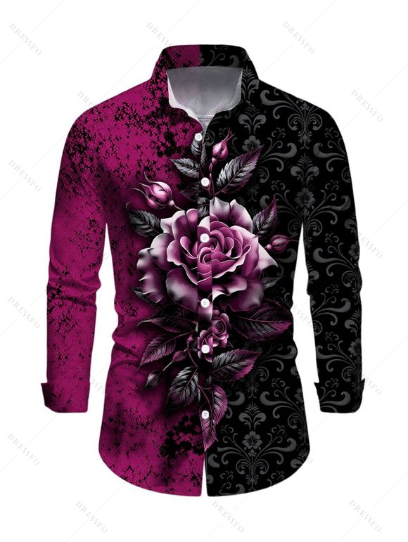 Gothic Couple Outfit Colorblock Rose Leaf Print Lace Up Belt Off the Shoulder Handkerchief Dress and Long Sleeve Shirt Set - Noir S | US 4