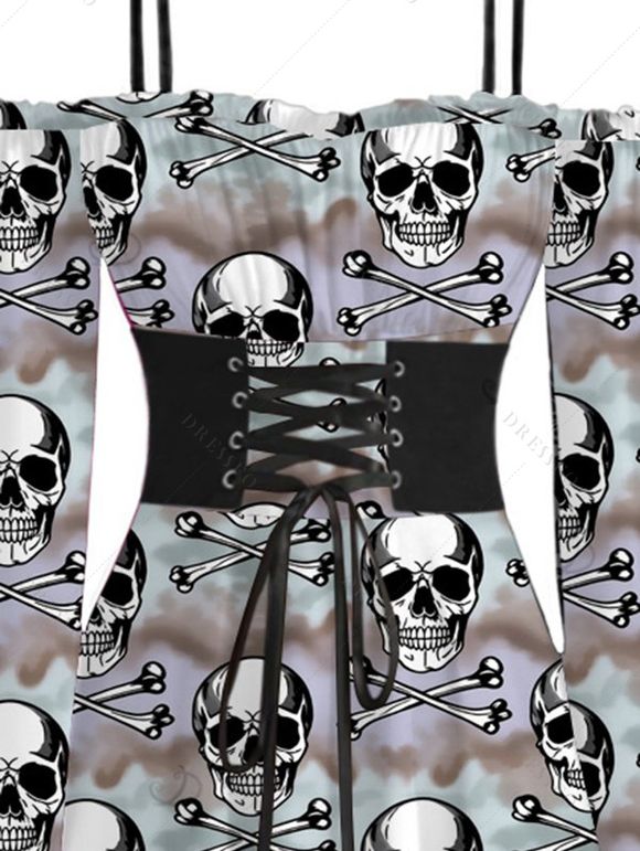 Gothic Dress Camo Smoke Skull Print Ruffle Off the Shoulder Lace Up Belt Bell Sleeve Handkerchief Dress - multicolor XL | US 12