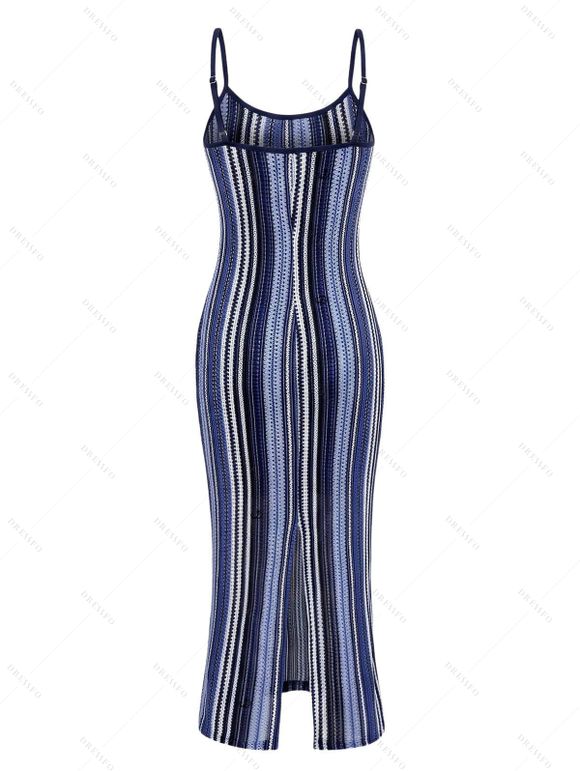Ethnic Style Dress Textured Striped Print Spaghetti Strap Bodycon Dress - Bleu M | US 6