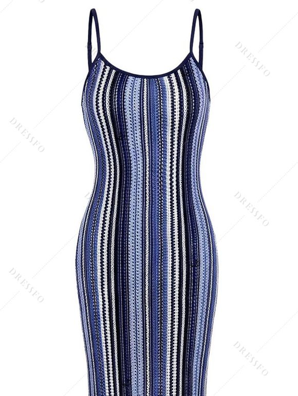 Ethnic Style Dress Textured Striped Print Spaghetti Strap Bodycon Dress - Bleu M | US 6