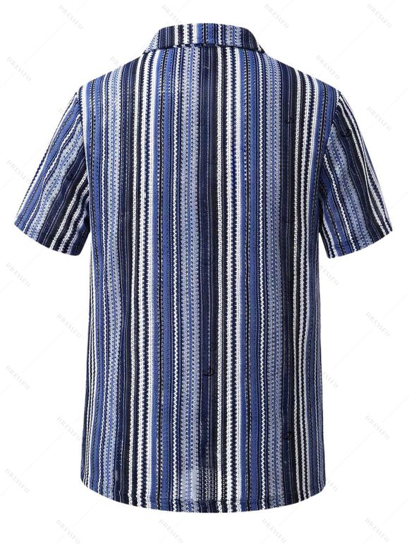 Men's Ethnic Style Shirt Textured Striped Print Button Up Shirt - Bleu XL
