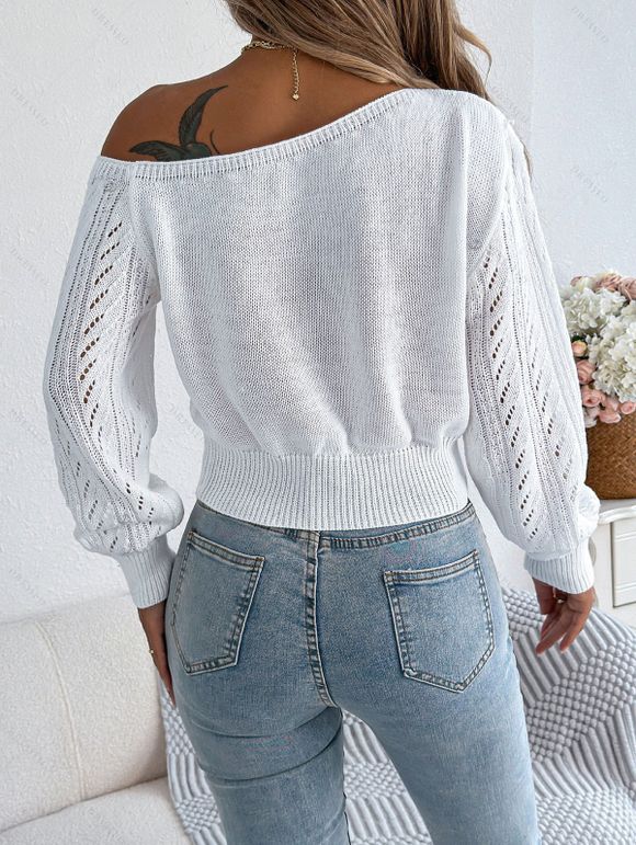 Solid Color Sweater Hollow Out Skew Neck Cropped Sweater - Blanc S | US 4