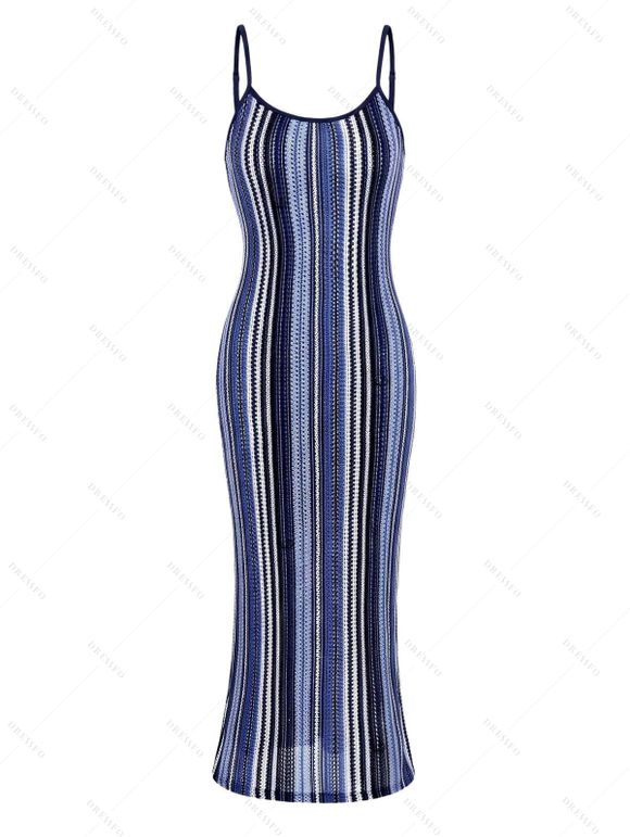 Ethnic Couple Outfit Vintage Textured Striped Print Spaghetti Strap Bodycon Dress and Shirt Set - Bleu S | US 4