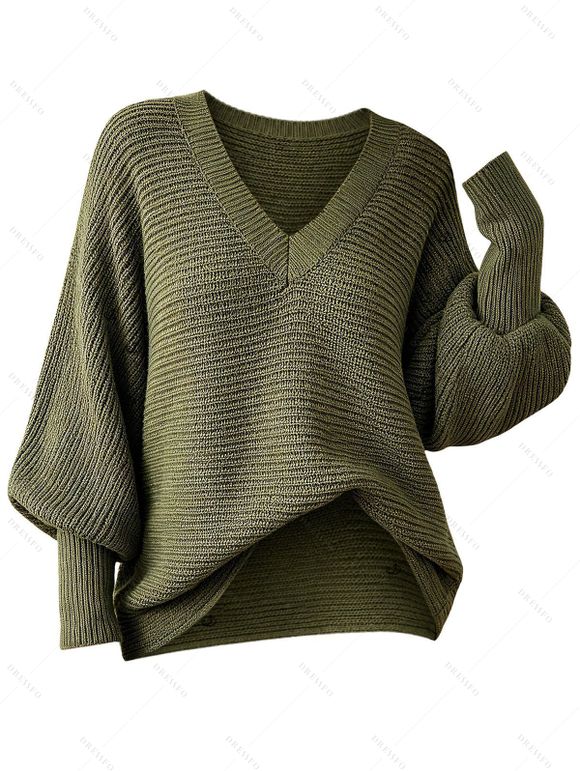 Autumn Women Outfit Textured Solid Color Lantern Sleeve V Neck Pullover Long Sweater and Buckle Lace Up Leggings Set - Vert Armée S | US 4
