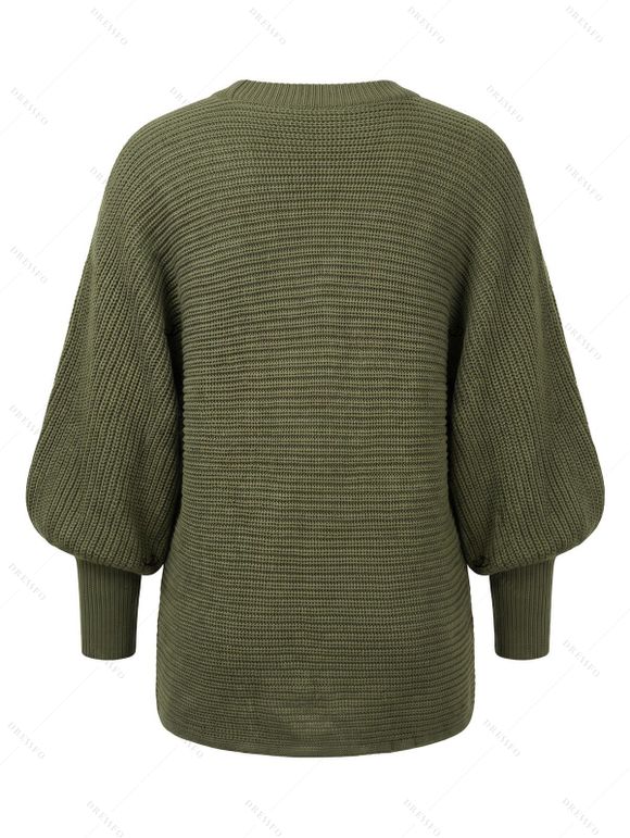 Autumn Women Outfit Textured Solid Color Lantern Sleeve V Neck Pullover Long Sweater and Buckle Lace Up Leggings Set - Vert Armée S | US 4