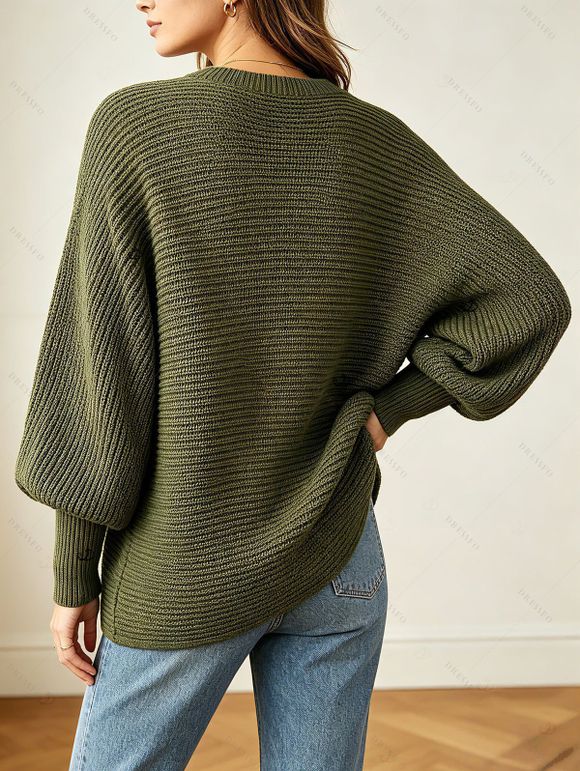 Autumn Women Outfit Textured Solid Color Lantern Sleeve V Neck Pullover Long Sweater and Buckle Lace Up Leggings Set - Vert Armée S | US 4