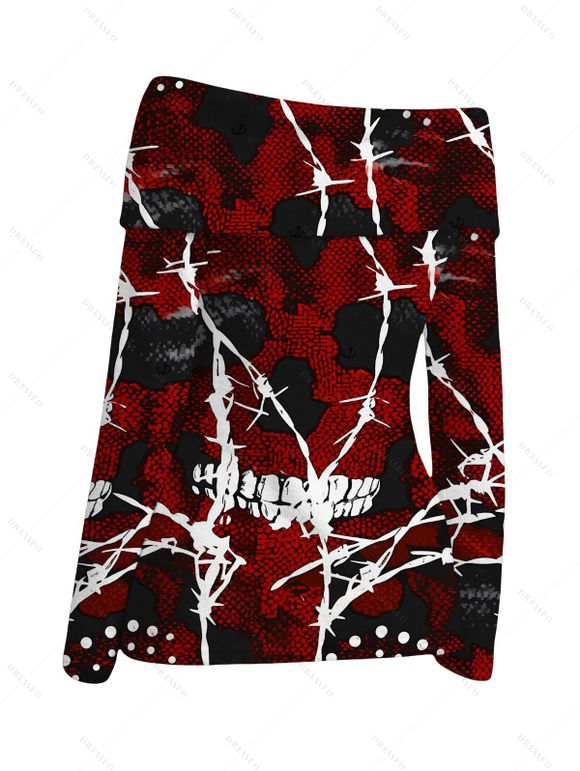 Gothic Top Barbed Wire Skull Print Foldover Off the Shoulder Top - Rouge foncé S | US 4