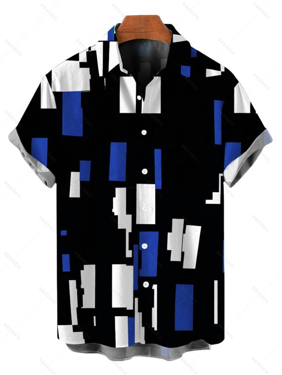 Vintage Couple Outfit Colorblock Geometric Print Skew Neck Mermaid Bodycon Maxi Dress and Shirt Set - Bleu S | US 4