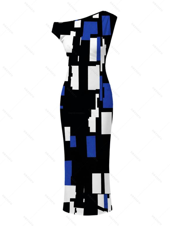 Vintage Couple Outfit Colorblock Geometric Print Skew Neck Mermaid Bodycon Maxi Dress and Shirt Set - Bleu S | US 4