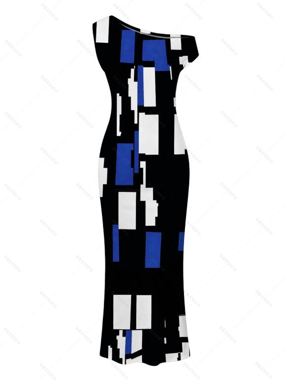 Vintage Couple Outfit Colorblock Geometric Print Skew Neck Mermaid Bodycon Maxi Dress and Shirt Set - Bleu S | US 4