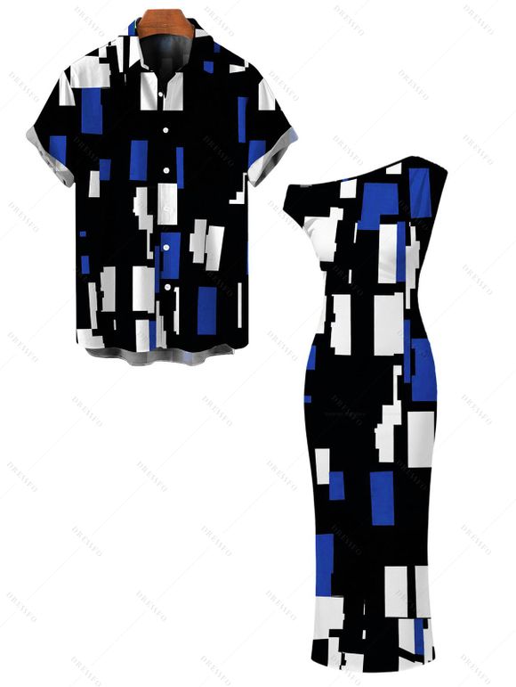 Vintage Couple Outfit Colorblock Geometric Print Skew Neck Mermaid Bodycon Maxi Dress and Shirt Set - Bleu S | US 4