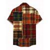 Men's Christmas Shirt Vintage Plaid Patchwork Raw‑Edge Patch Print Button Up Shirt - Brun 2XL