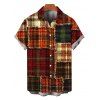 Men's Christmas Shirt Vintage Plaid Patchwork Raw‑Edge Patch Print Button Up Shirt - Brun 4XL
