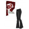 Vintage Christmas Women Outfit Plaid Snowflake Letter Christmas Hat Print Off the Shoulder Top and Lace Up Flare Jeans Set - Rouge Vineux S | US 4