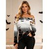 Halloween Gothic Top Haunted House Pumpkin Bat Spider Web Print Ombre Foldover Off the Shoulder Top - Noir XL | US 12