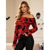 Gothic Halloween Top Black Cat Bat Pumpkin Print Foldover Off the Shoulder Long Sleeve Top - Rouge Vineux XL | US 12