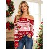 Christmas Top Elk Snowman Snowflake Heart Bowknot Print Foldover Off the Shoulder Top - Rouge Vineux S | US 4