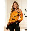 Halloween Top Galaxy Bat Print Ombre Foldover Off the Shoulder Long Sleeve Top - Orange XL | US 12