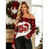 Vintage Christmas Top Plaid Snowflake Letter Christmas Hat Print Foldover Off the Shoulder Top - Rouge Vineux S | US 4