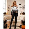Halloween Gothic Women Outfit Haunted House Pumpkin Bat Spider Web Print Ombre Foldover Off the Shoulder Top and Buckle Lace Up Legging Set - Noir S | US 4