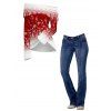 Christmas Women Outfit Ombre Snowflake Print Foldover Off the Shoulder Top and Topstitching Flare Jeans Set - Rouge Vineux S | US 4