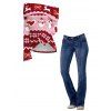 Christmas Women Outfit Elk Snowman Snowflake Print Foldover Off the Shoulder Top and Topstitching Flare Jeans Set - Rouge Vineux S | US 4