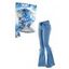 Christmas Women Outfit Watercolor Ombre Snowflake Print Foldover Off the Shoulder Top and Lace Up Pockets Demin Flare Jeans Set - Bleu S | US 4