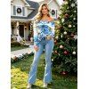 Christmas Women Outfit Watercolor Ombre Snowflake Print Foldover Off the Shoulder Top and Lace Up Pockets Demin Flare Jeans Set - Bleu S | US 4