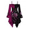Gothic Dress Colorblock Rose Floral Leaf Print Lace Up Belt Ruffle Off the Shoulder Bell Sleeve Handkerchief Dress - Noir XXL | US 14
