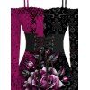 Gothic Dress Colorblock Rose Floral Leaf Print Lace Up Belt Ruffle Off the Shoulder Bell Sleeve Handkerchief Dress - Noir XXL | US 14