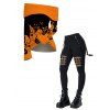 Halloween Women Outfit Cartoon Pumpkin Print Colorblock Foldover Off the Shoulder Top and Grommet Hollow Out Pants Set - Orange S | US 4