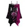 Gothic Couple Outfit Colorblock Rose Leaf Print Lace Up Belt Off the Shoulder Handkerchief Dress and Long Sleeve Shirt Set - Noir S | US 4