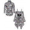 Gothic Couple Outfit Camo Smoke Skull Print Off the Shoulder Lace Up Belt Handkerchief Dress and Long Sleeve Shirt Set - multicolor S | US 4