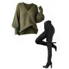 Autumn Women Outfit Textured Solid Color Lantern Sleeve V Neck Pullover Long Sweater and Buckle Lace Up Leggings Set - Vert Armée S | US 4