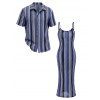 Ethnic Couple Outfit Vintage Textured Striped Print Spaghetti Strap Bodycon Dress and Shirt Set - Bleu S | US 4