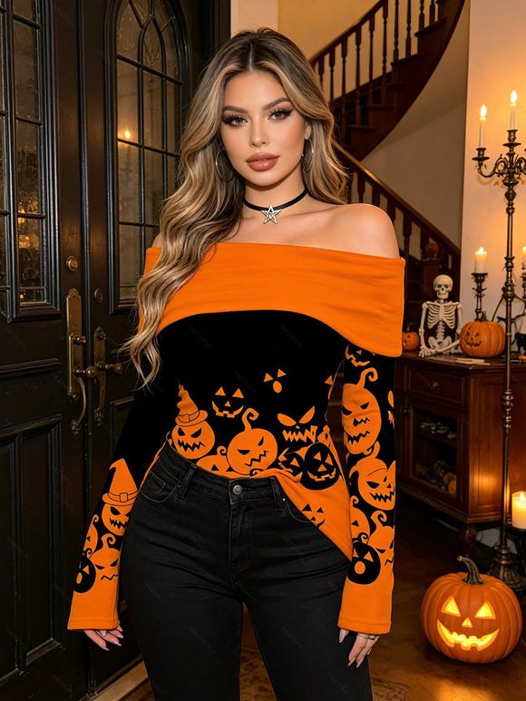 Halloween Top Cartoon Pumpkin Print Colorblock Foldover Off the Shoulder Top - Orange L | US 8-10