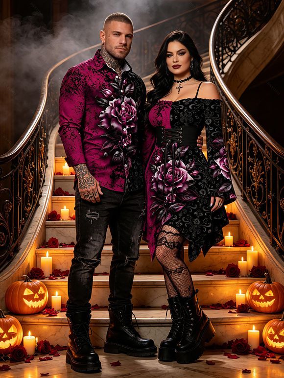 Gothic Couple Outfit Colorblock Rose Leaf Print Lace Up Belt Off the Shoulder Handkerchief Dress and Long Sleeve Shirt Set - Noir S | US 4