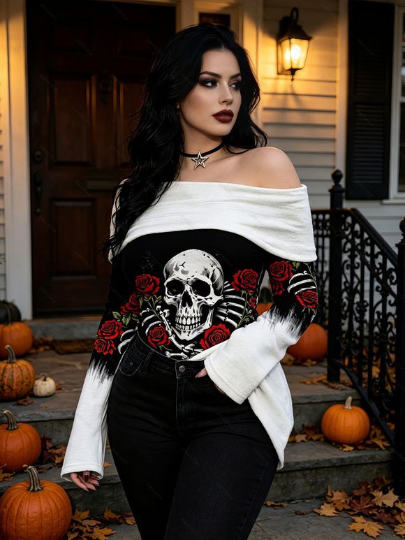 Halloween Top Colorblock Skulls Rose Floral Print Foldover Long Sleeve Top - Noir M | US 6