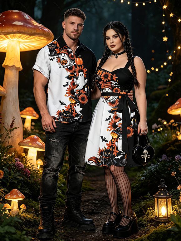 Halloween Couple Outfit Ghost Pumpkin Cat Floral Print Ruched Belt Dress and Shirt Set - Noir S | US 4