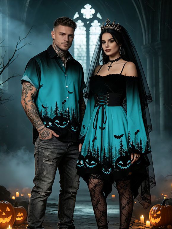 Halloween Couple Outfit Ombre Pumpkin Bat Print Lace Up Dress and Shirt Set - BLUE S | US 4