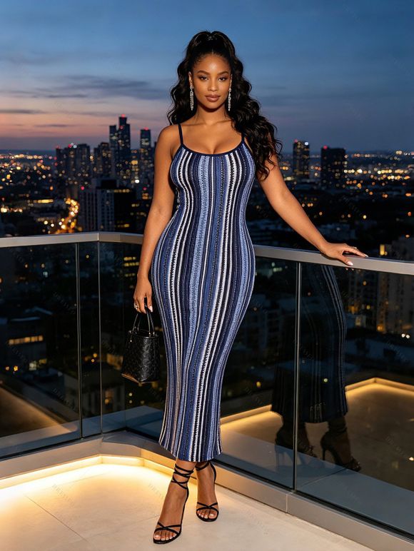 Ethnic Style Dress Textured Striped Print Spaghetti Strap Bodycon Dress - Bleu XXL | US 14