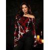 Gothic Top Barbed Wire Skull Print Foldover Off the Shoulder Top - Rouge foncé M | US 6
