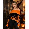 Halloween Top Cartoon Pumpkin Print Colorblock Foldover Off the Shoulder Top - Orange L | US 8-10