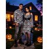 Gothic Couple Outfit Camo Smoke Skull Print Off the Shoulder Lace Up Belt Handkerchief Dress and Long Sleeve Shirt Set - multicolor S | US 4