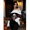 Halloween Top Colorblock Skulls Rose Floral Print Foldover Long Sleeve Top - Noir XXL | US 14