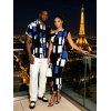Vintage Couple Outfit Colorblock Geometric Print Skew Neck Mermaid Bodycon Maxi Dress and Shirt Set - Bleu S | US 4