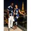 Vintage Couple Outfit Colorblock Geometric Print Skew Neck Mermaid Bodycon Maxi Dress and Shirt Set - Bleu S | US 4