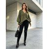 Autumn Women Outfit Textured Solid Color Lantern Sleeve V Neck Pullover Long Sweater and Buckle Lace Up Leggings Set - Vert Armée S | US 4