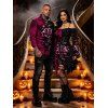 Gothic Couple Outfit Colorblock Rose Leaf Print Lace Up Belt Off the Shoulder Handkerchief Dress and Long Sleeve Shirt Set - Noir S | US 4