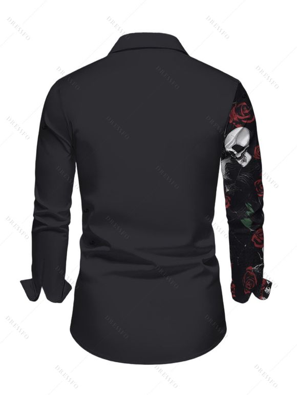 Men's Gothic Shirt Skulls Rose Floral Print Colorblock Button Up Long Sleeve Shirt - Noir M